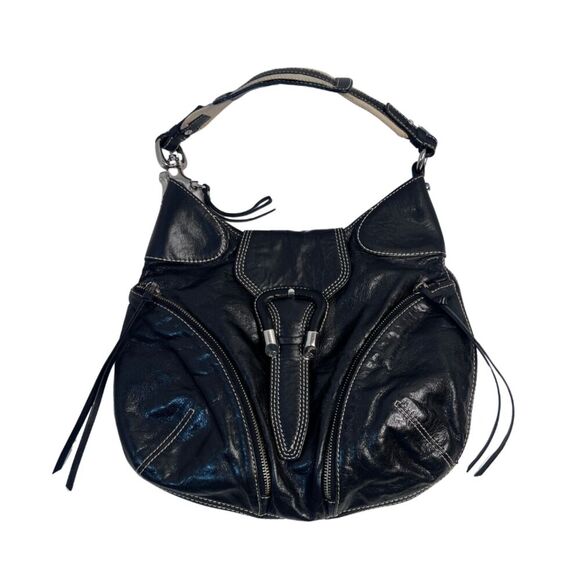 Francesco Biasia Black Cowhide Leather Shoulder Bag with Horseshoe Clasp - Picture 1 of 12